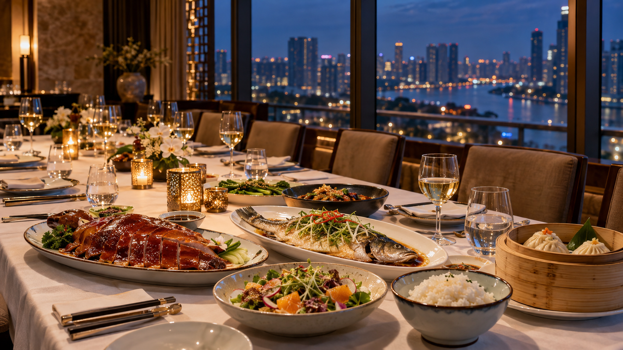 A long table in a hotel restaurant at dusk set for a group dinner, roast duck, steamed fish, dim sum and rice among glassware and candles, city lights through the windows behind