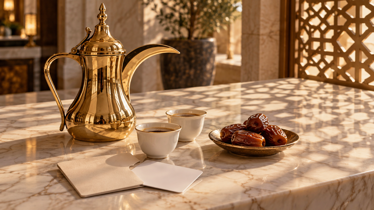 A polished brass coffee pot with a long curved spout, two small white cups of coffee, a dish of dates and a blank card sleeve on a marble counter, with sunlight falling through a lattice screen