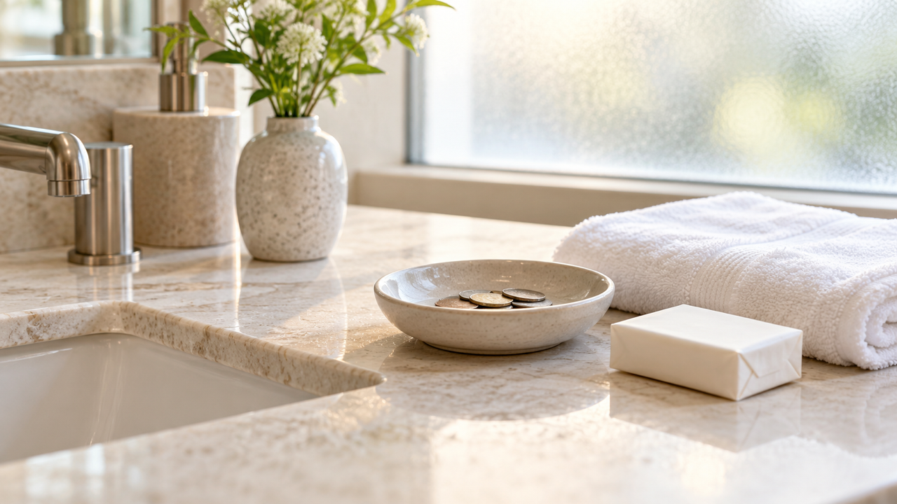 A cream stone hotel bathroom vanity in soft morning light, a small ceramic dish holding a few coins beside a folded white towel and a wrapped bar of soap