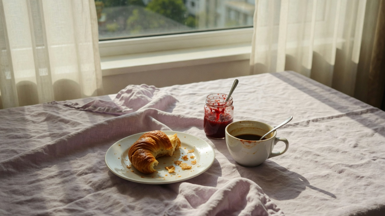 A half-eaten croissant, a used coffee cup and an open jar of jam on a crumpled linen tablecloth beside a bright window