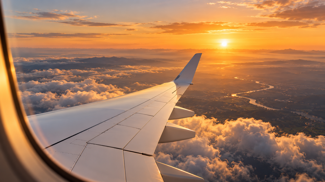 The view over a plain white airliner wing at golden hour, above layered clouds and a hazy plain with a winding river, on a flight over India