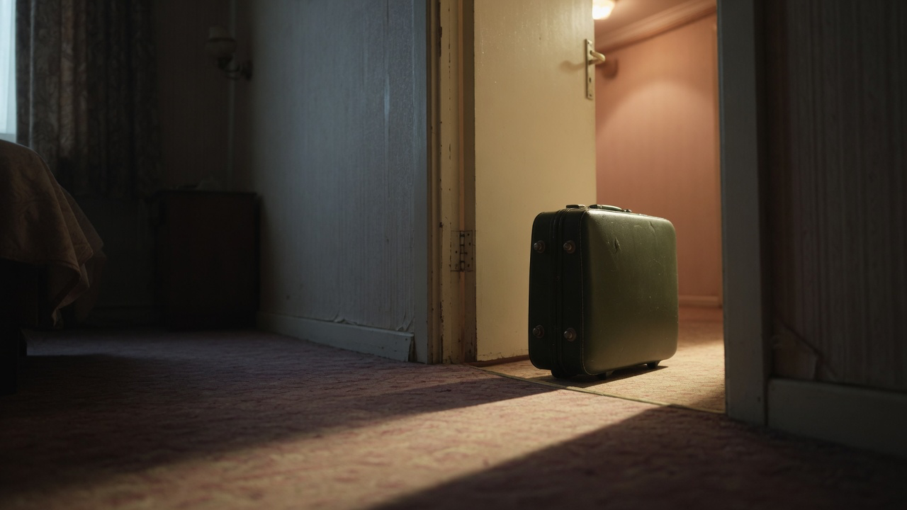A dark hotel room seen from inside, its worn panelled door standing open onto a warmly lit corridor, a dark olive hard-shell suitcase alone in the doorway and the corner of a bed just visible in the shadow at left
