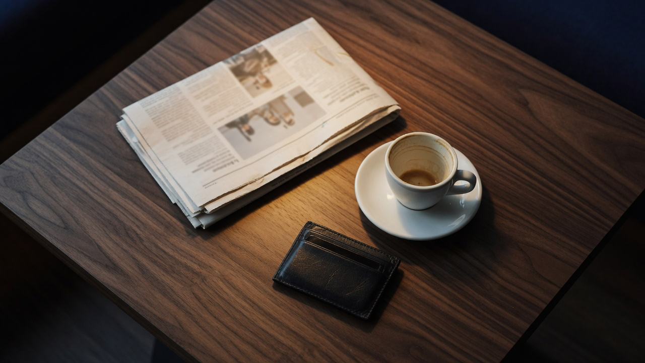 A folded newspaper, an empty espresso cup on a saucer and a black leather cardholder on a dark walnut side table under warm pooled light