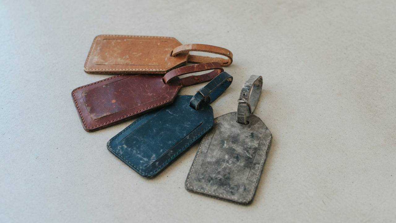Four worn leather luggage tags in tan, oxblood, navy and grey, fanned loosely on pale concrete in soft daylight