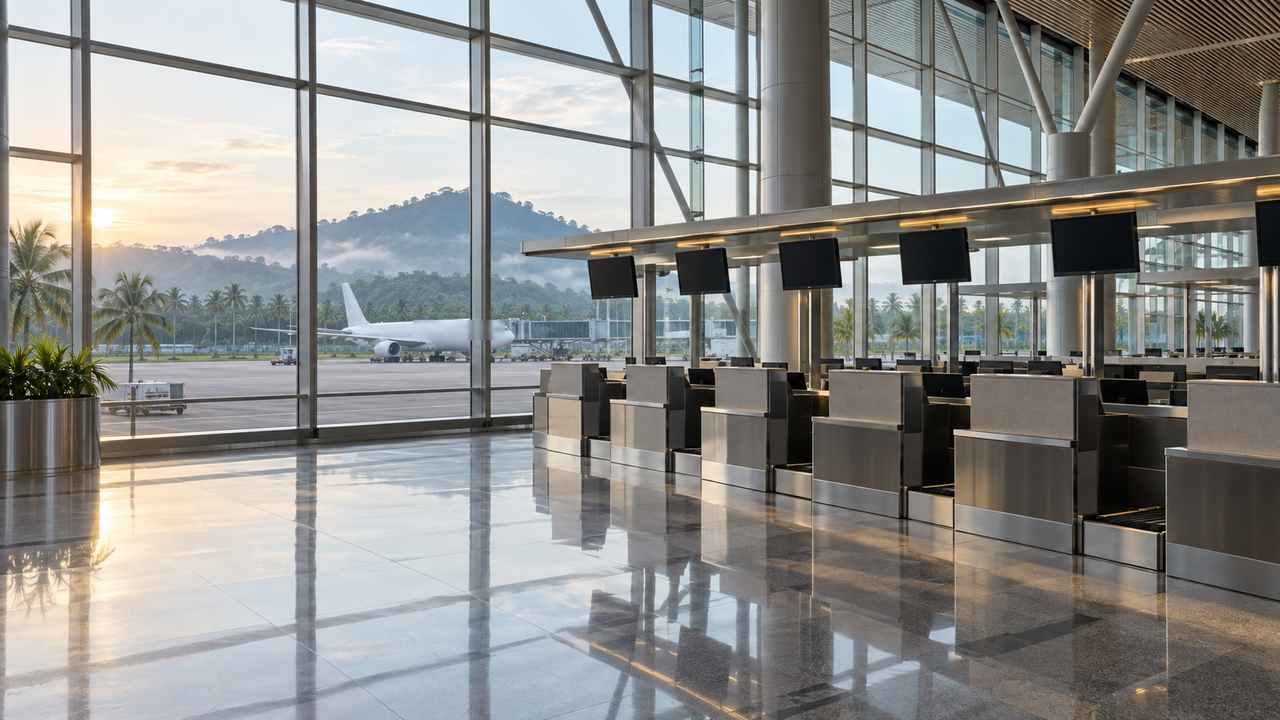 Empty check-in counters with blank screens in a sunlit airport departure hall in Malaysia, a plain white airliner parked beyond the glass against palms and a misty green hill