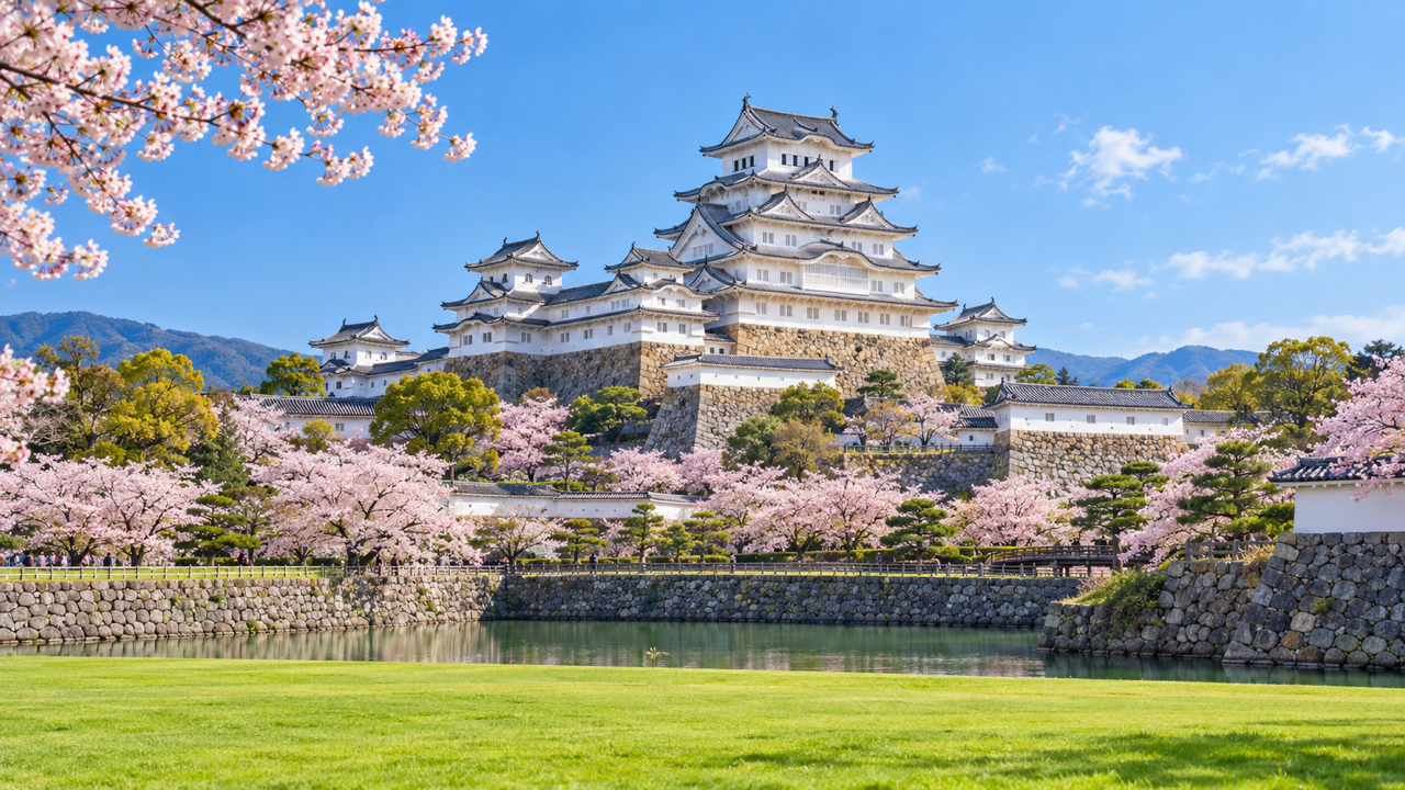 The white keep and tiered roofs of Himeji Castle in Japan above a stone moat and green lawn, framed by cherry blossom under a clear blue sky