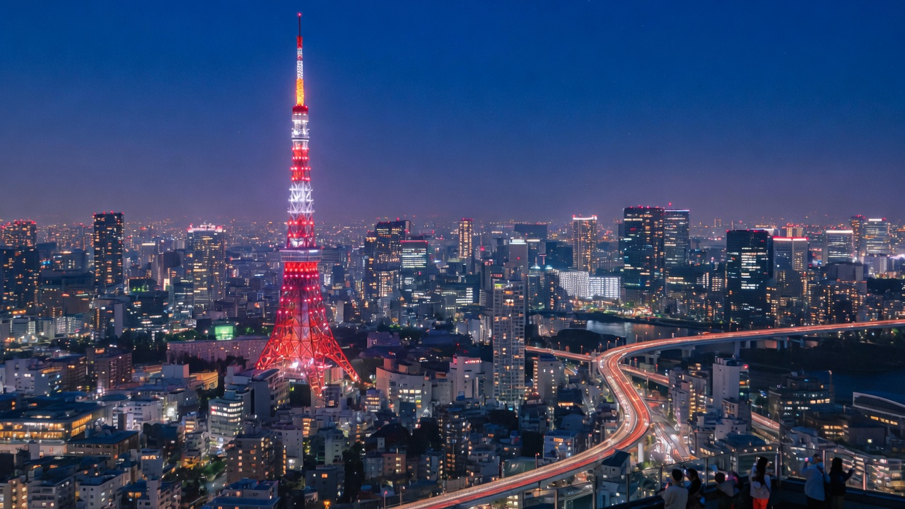 The Tokyo skyline at night with the red and white lattice of Tokyo Tower lit against dense city lights and an expressway curving through the buildings