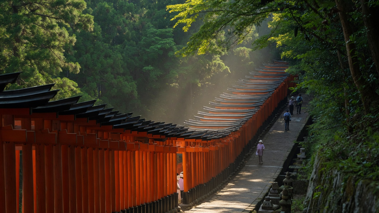 The tunnel of vermilion torii gates at Fushimi Inari shrine in Kyoto curving uphill into green forest, with dappled morning light and a few visitors on the path