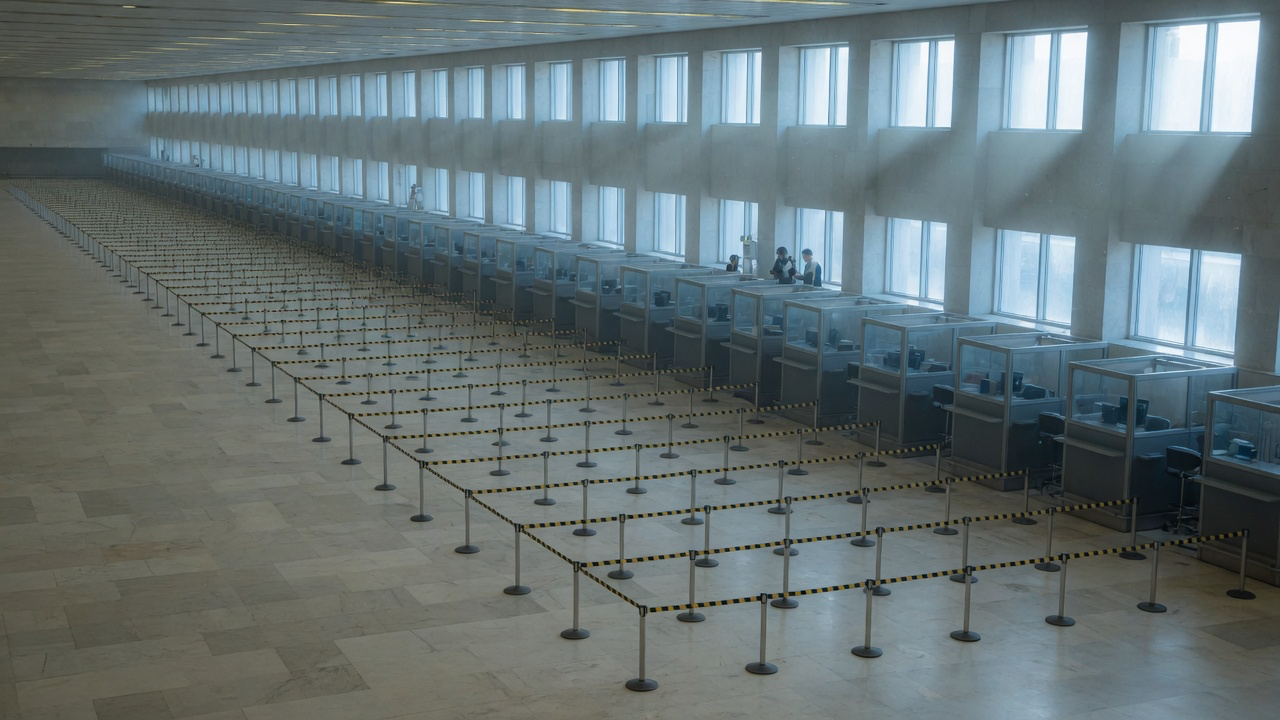 An empty airport immigration hall in early morning light, a long row of unattended inspection booths beneath tall windows and retractable barrier posts marking out an empty queue across the pale stone floor