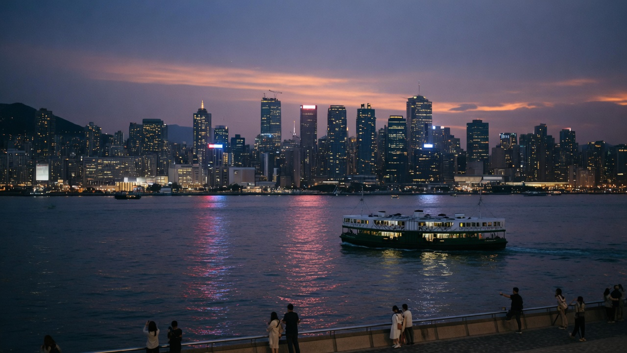 Victoria Harbour at dusk from the Tsim Sha Tsui promenade, the lit Hong Kong Island skyline across the water and a Star Ferry crossing, with people at the railing