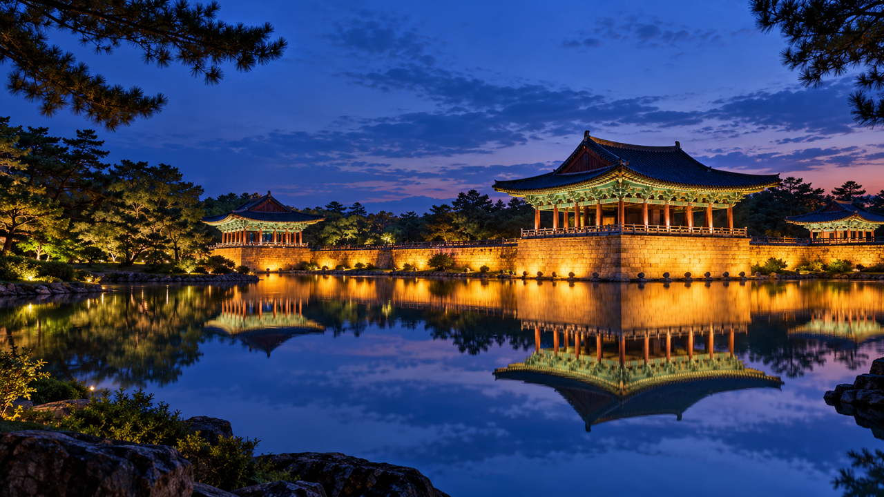 Lit timber pavilions with curved tiled roofs reflected in a still pond at blue hour in Gyeongju, Korea