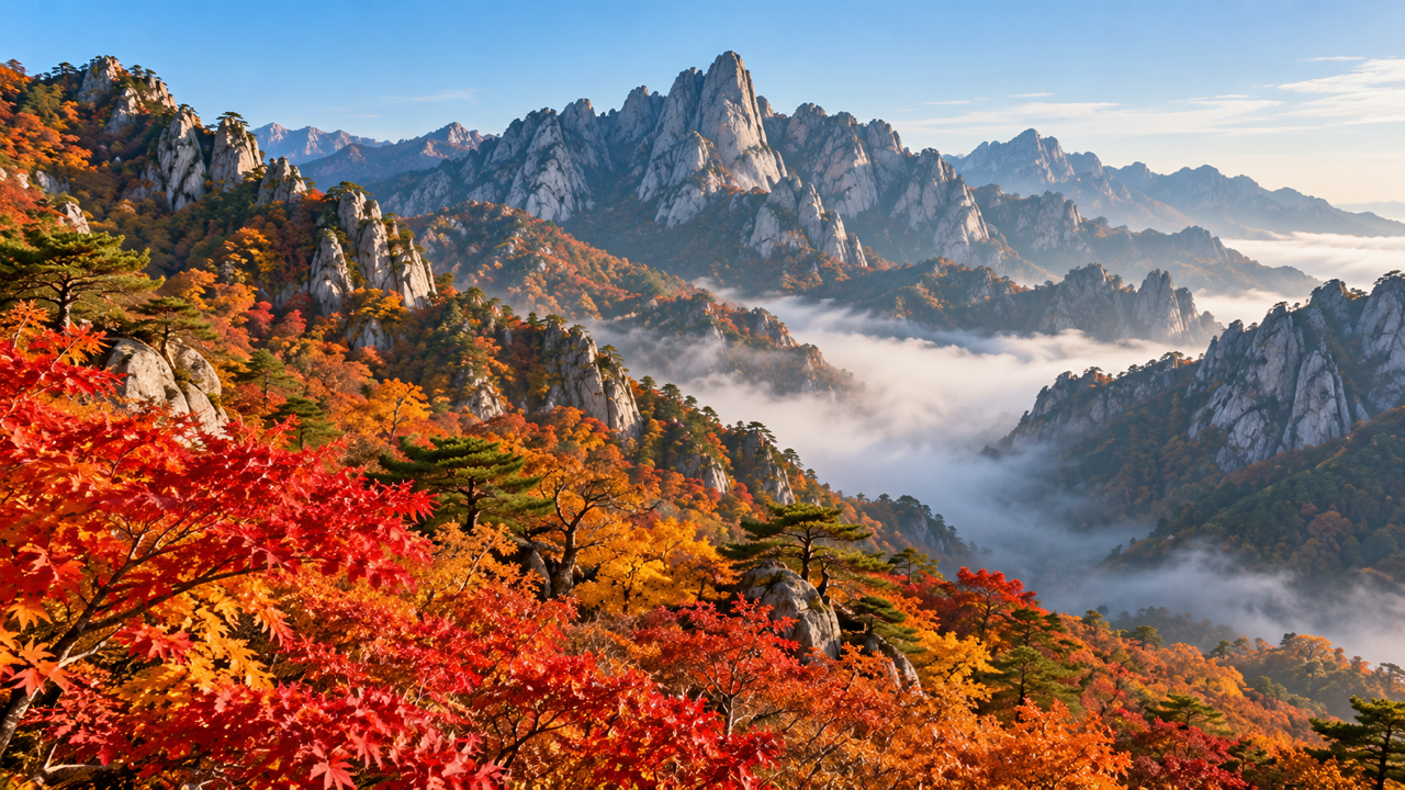 Jagged granite peaks rising above red and orange autumn maple forest and drifting mist in a valley in the mountains of Korea