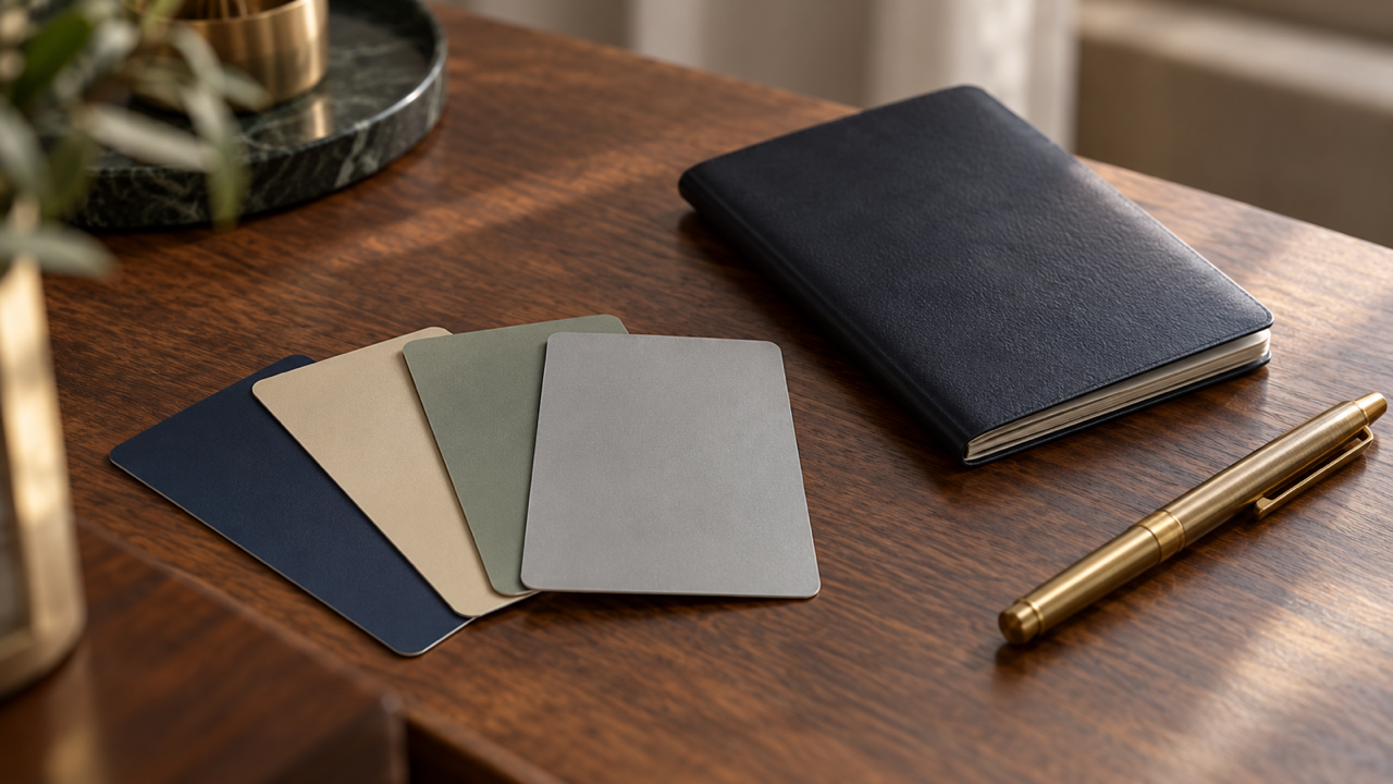 Four plain membership cards in navy, sand, sage and grey fanned out on a walnut desk beside a closed dark leather passport and a brass pen