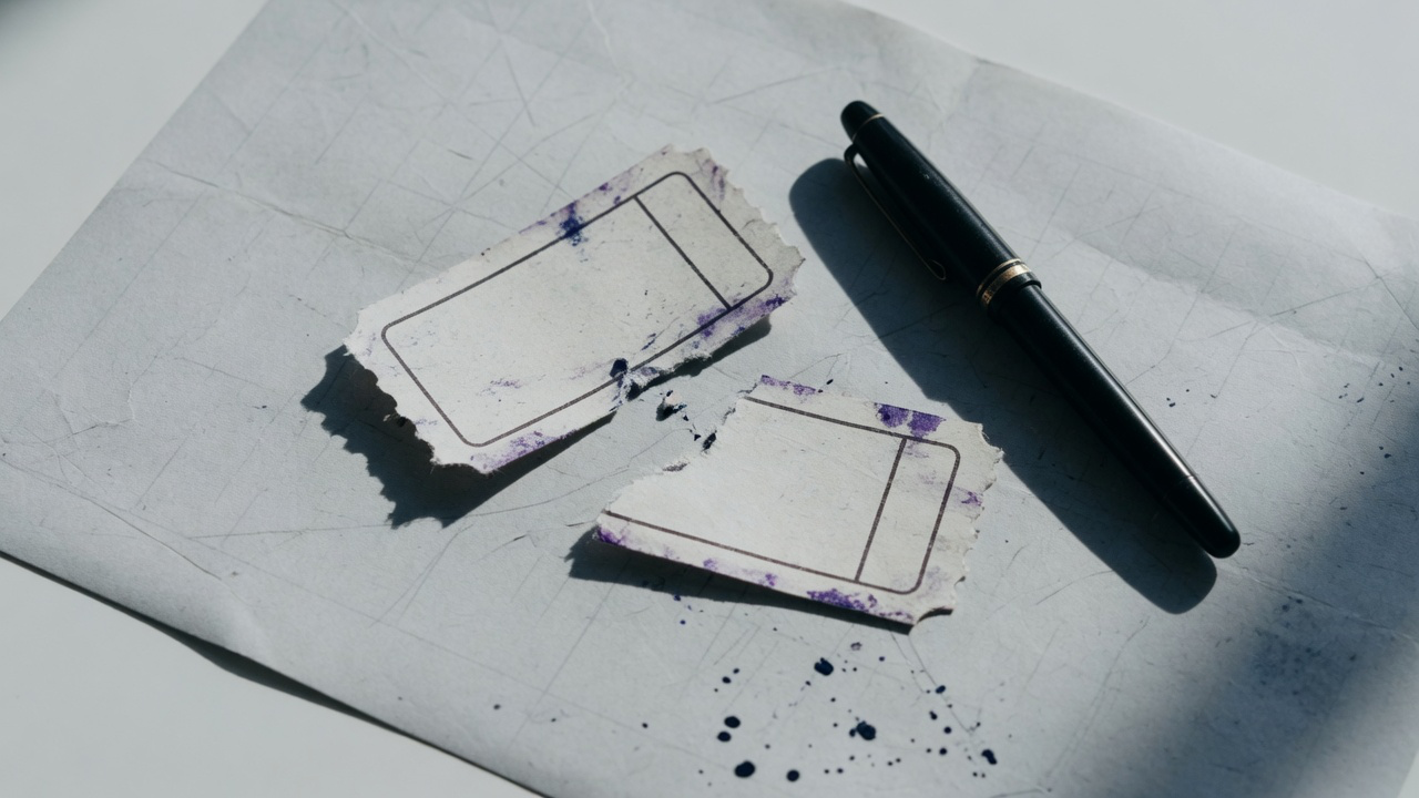 A paper ticket stub torn in two lying with a black fountain pen and scattered ink spots on a creased pale envelope in hard directional light