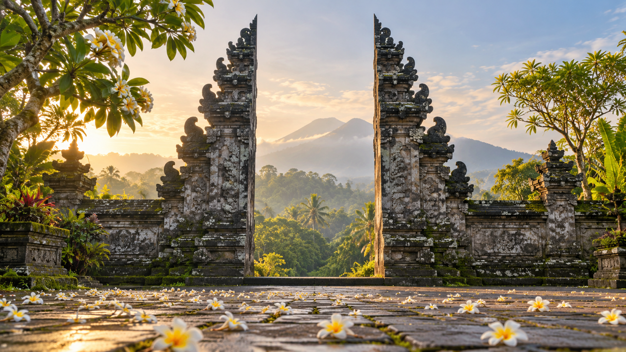 Weathered grey stone split temple gates in Bali, with frangipani blossoms on the paving and a misty volcano rising beyond the trees at sunrise