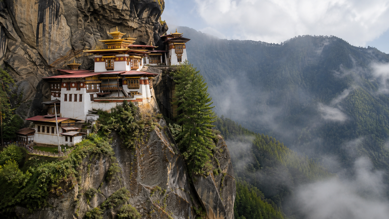 A view of the Bhutanese Himalaya and a hillside monastery