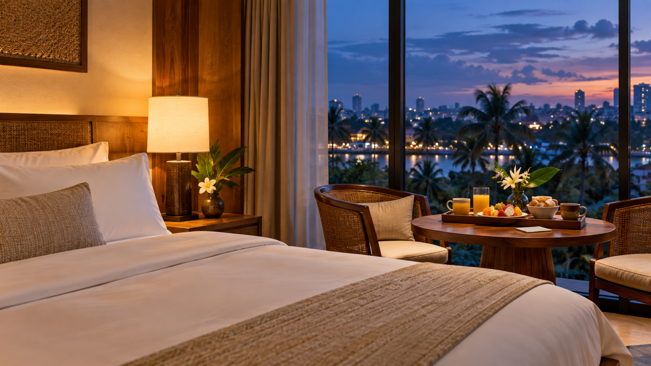 A quiet boutique hotel room in Southeast Asia at dusk, with a breakfast tray for two on a teak table by a tall window, city lights and palm silhouettes outside