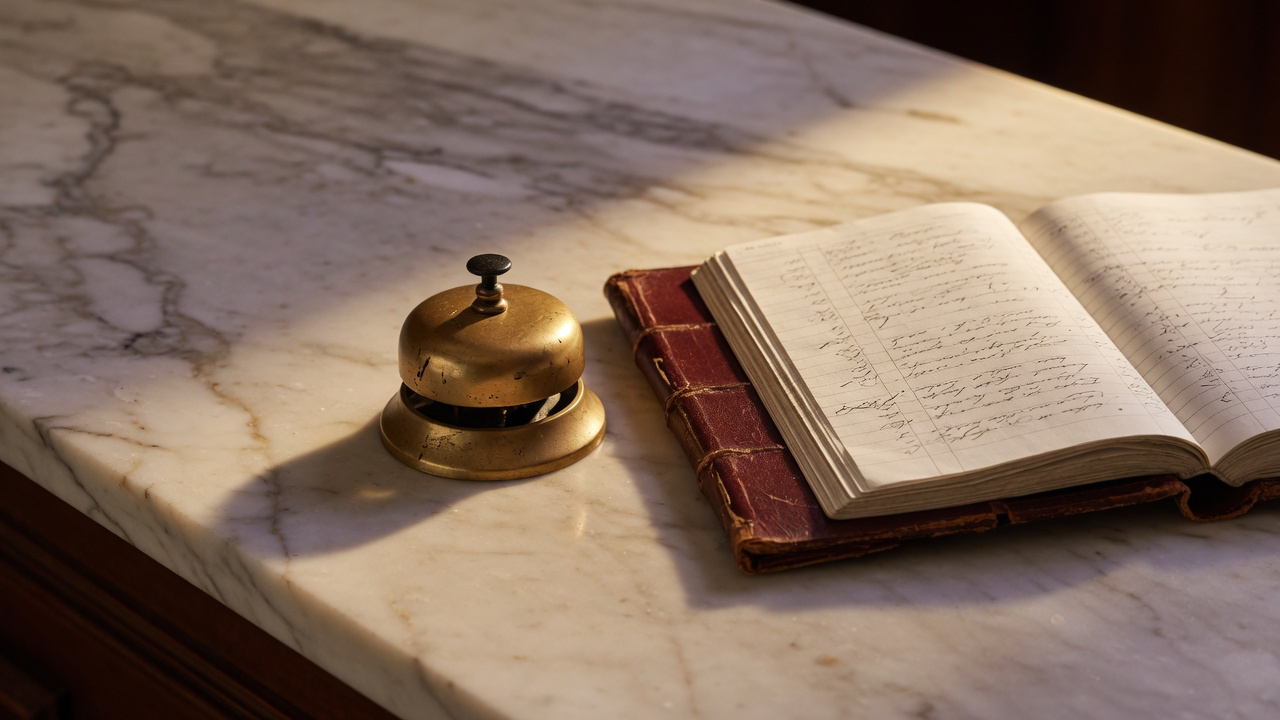 A brass reception bell beside an open leather-bound guest ledger with handwritten pages, on a polished marble counter in warm directional light