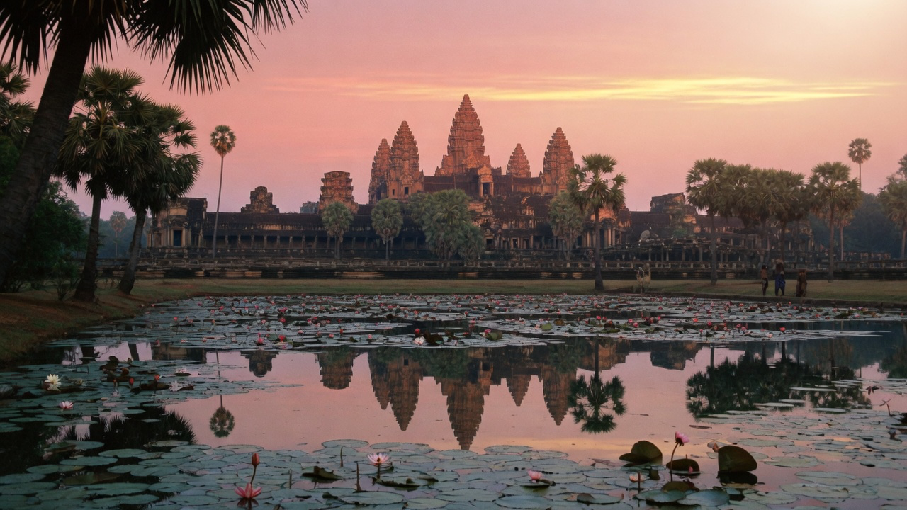 Angkor Wat's towers at sunrise, reflected in a still lily pond