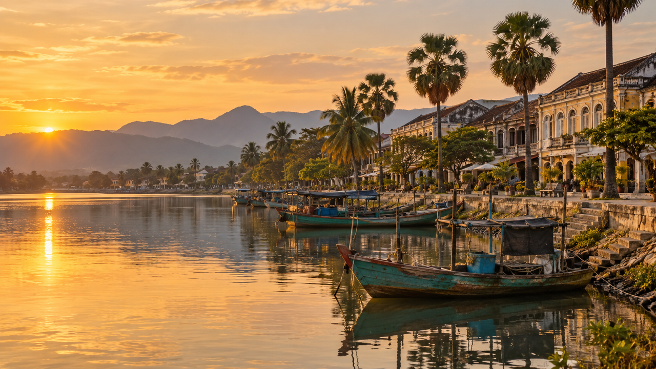 A calm river at sunset in Cambodia with moored wooden fishing boats, sugar palms and pale colonial shophouses along the bank and hills beyond