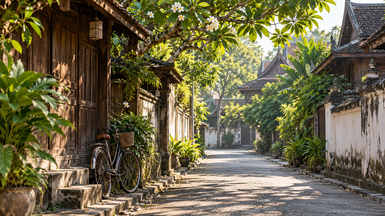 A quiet shaded lane of weathered teak houses and whitewashed walls in Chiang Mai, a bicycle with a basket leaning on a step under a flowering frangipani in soft morning light