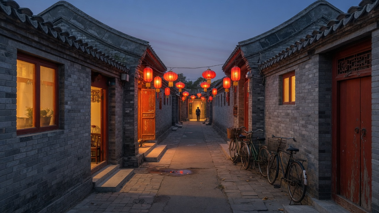 A Beijing hutong lane at dusk, red lanterns strung overhead and bicycles against grey brick