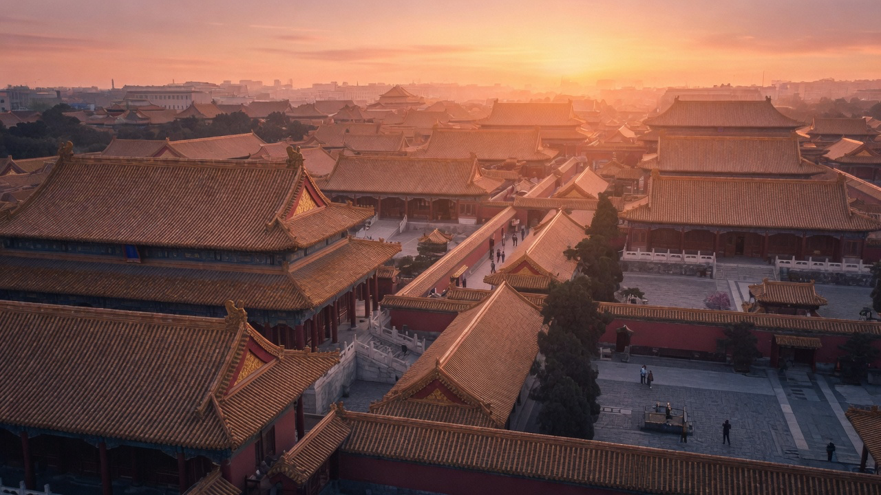 The golden tiled rooftops of the Forbidden City in Beijing at sunset, layered eaves and courtyards receding into haze