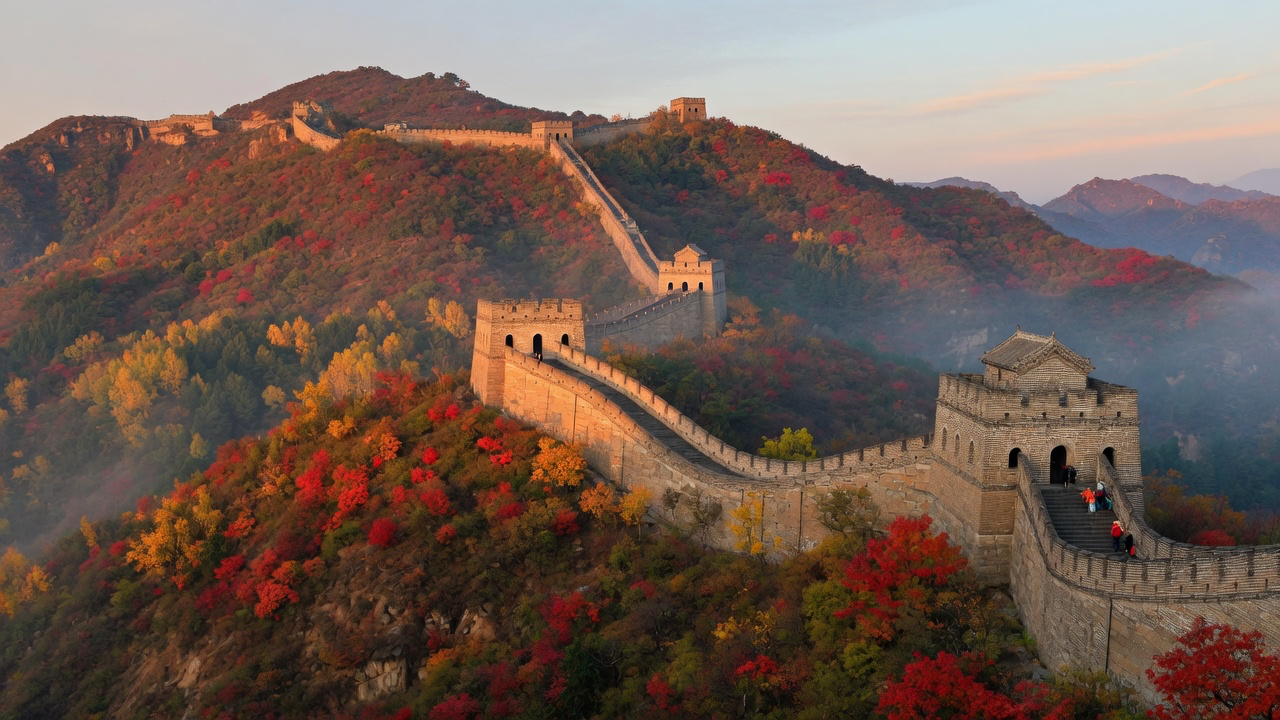 The Great Wall of China winding along a forested ridge in autumn, watchtowers on the crest and red and gold foliage on the slopes