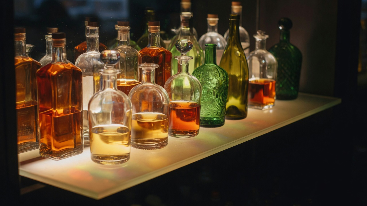 A backlit glass shelf of unlabelled spirit bottles in amber, clear and green glass, the light passing through them and glowing on the shelf against dark surroundings