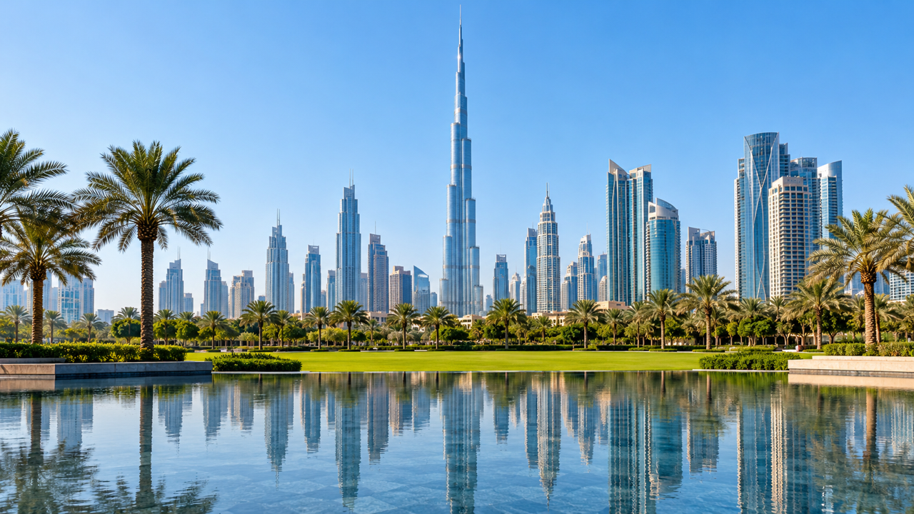 The Burj Khalifa and glass towers of Dubai, UAE, reflected in a still pool beyond palm trees and a green lawn under a clear blue sky