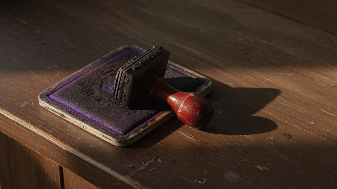 A worn rubber date stamp with a smooth wooden handle resting on a well used ink pad on a dark wooden counter, low light from the left casting a long shadow
