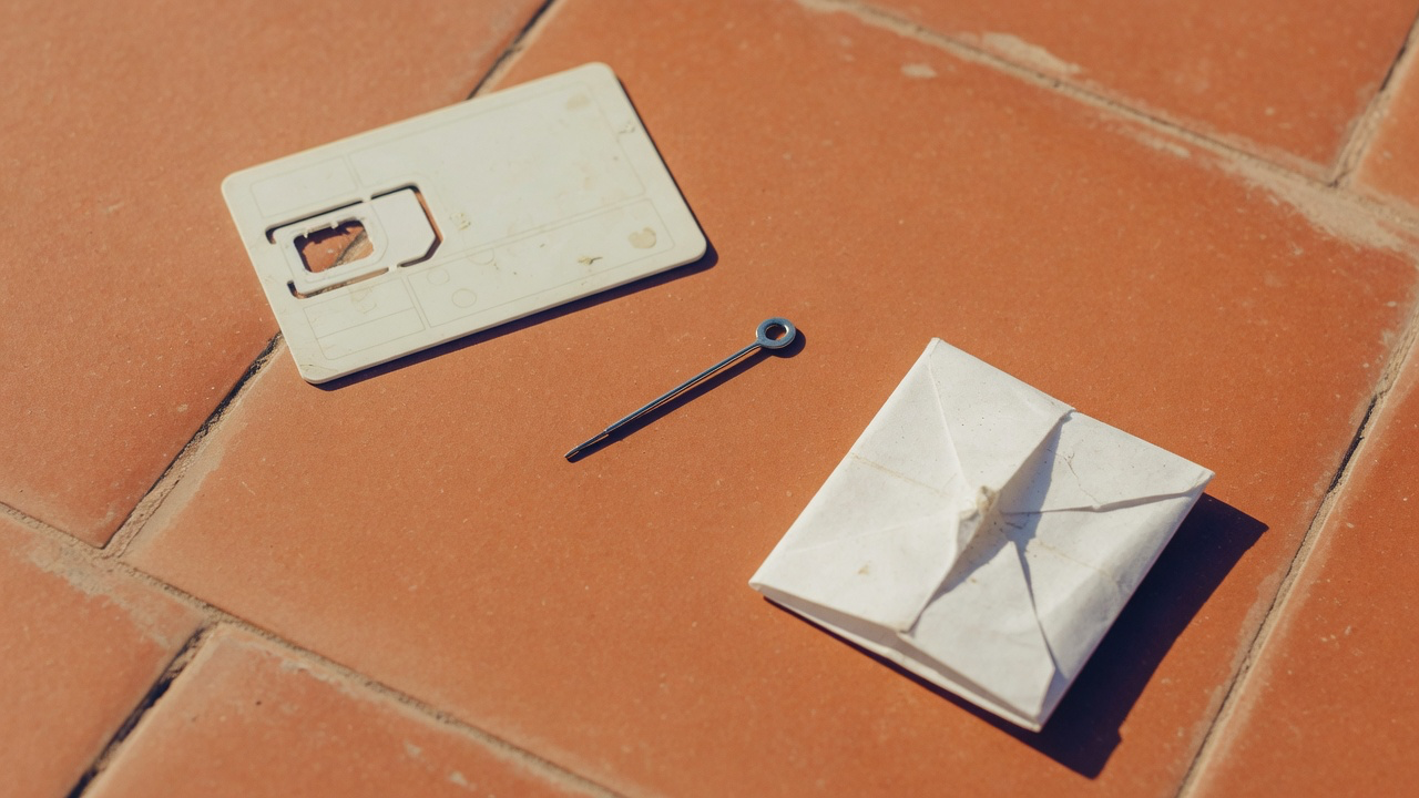 A punched-out plastic SIM carrier card with an empty slot, a slim metal ejector pin and a folded white paper sleeve on warm terracotta floor tiles in hard midday sun