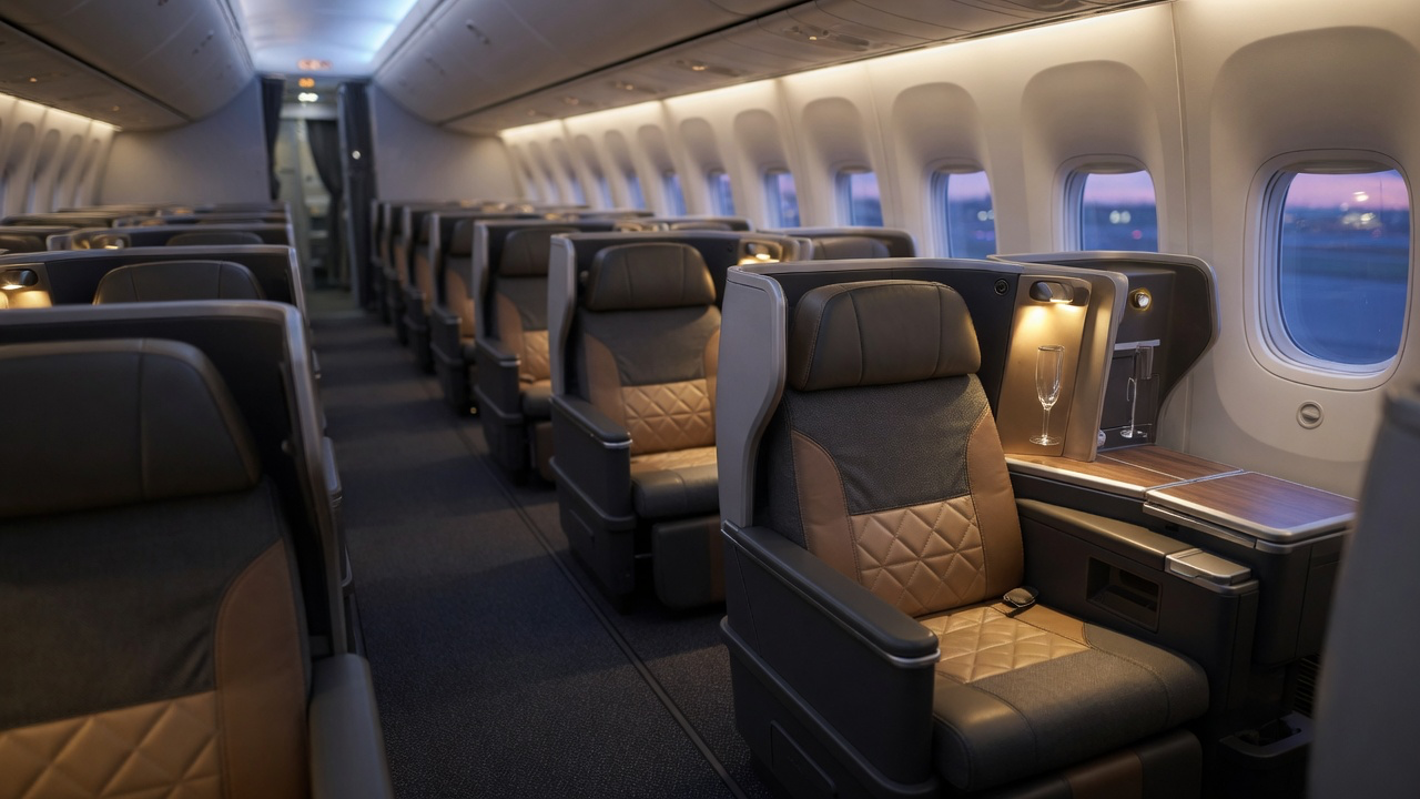 An empty widebody business-class cabin at dusk, rows of tan and dark grey leather seats with individual reading lights on and evening light through the windows