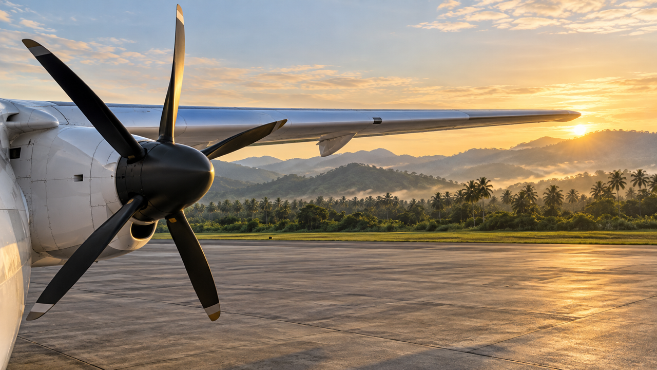 An unmarked white turboprop wing and propeller on a quiet airport apron in Malaysia at early morning, with palm trees and hazy green hills beyond