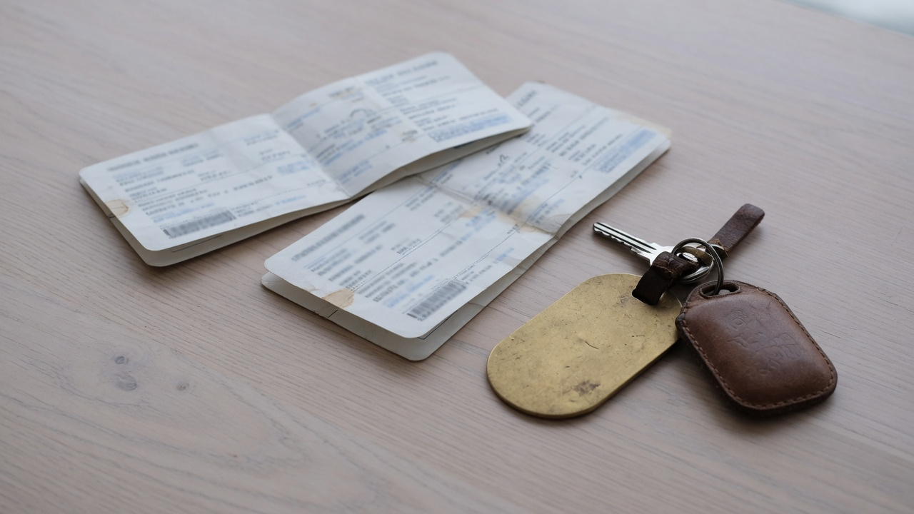 Two creased paper documents fanned open on a pale ash table, their printed rows and barcodes too faint to read, beside a scuffed brass tag, one silver key and a worn brown leather fob in soft flat daylight
