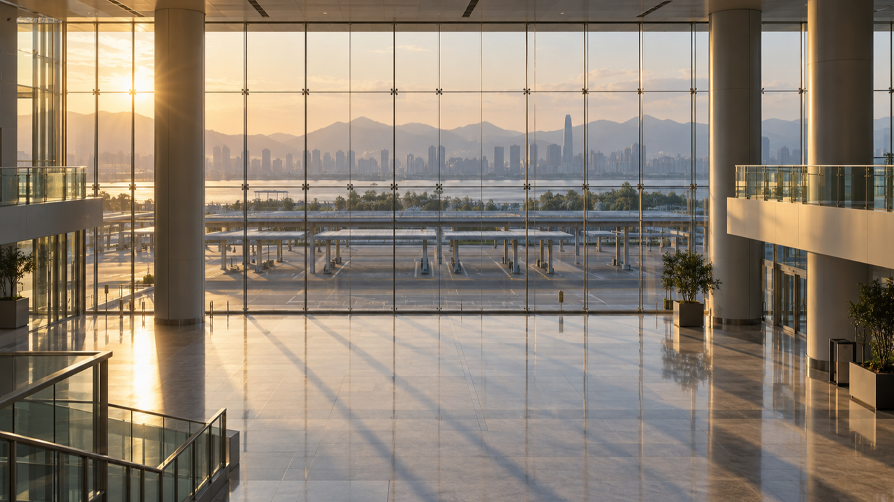 An empty airport arrivals hall at sunset, its tall glass wall looking out over a covered coach bay towards a hazy waterfront skyline and mountains