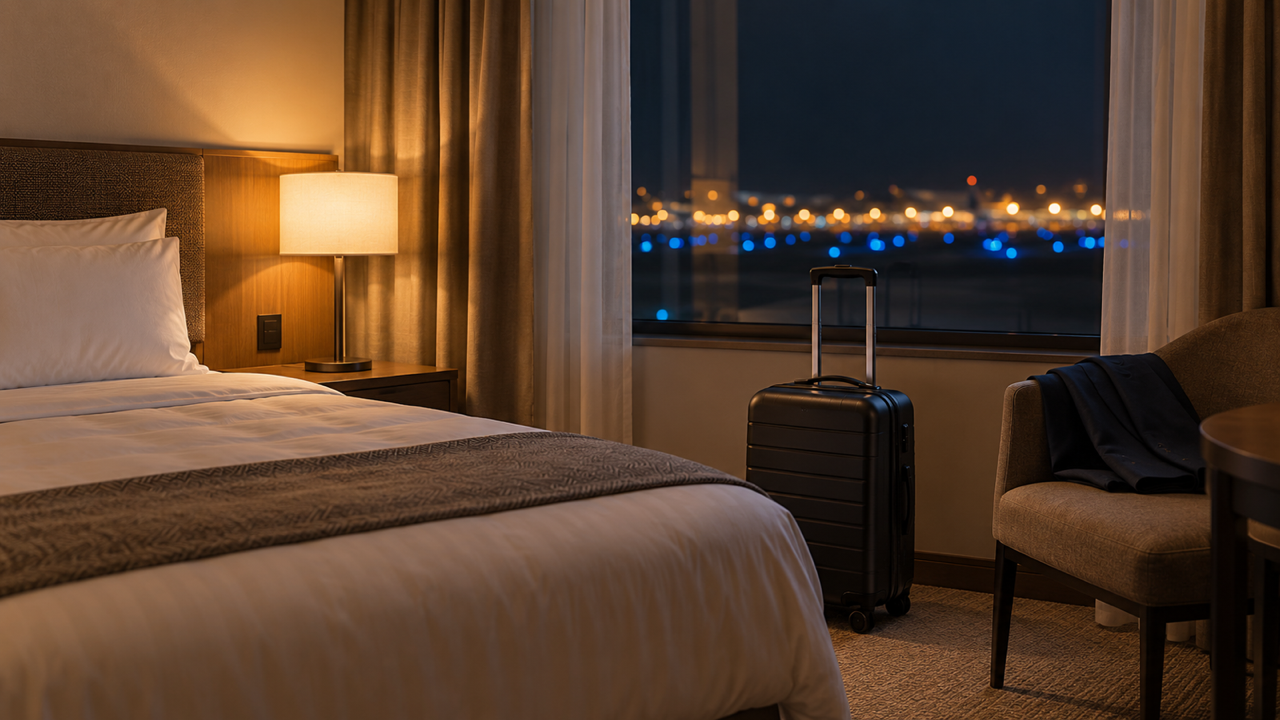 A dim hotel room at night with a made bed, a lit bedside lamp, a black carry-on suitcase with its handle raised and a jacket on an armchair, beside a window onto distant blue and amber airfield lights
