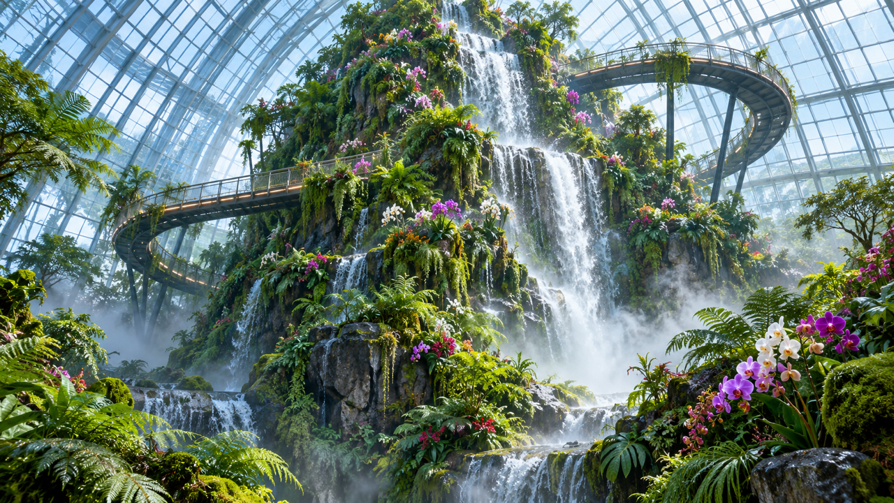 Waterfalls pouring down a tall indoor mountain covered in orchids and ferns, circled by an elevated walkway under a glass roof