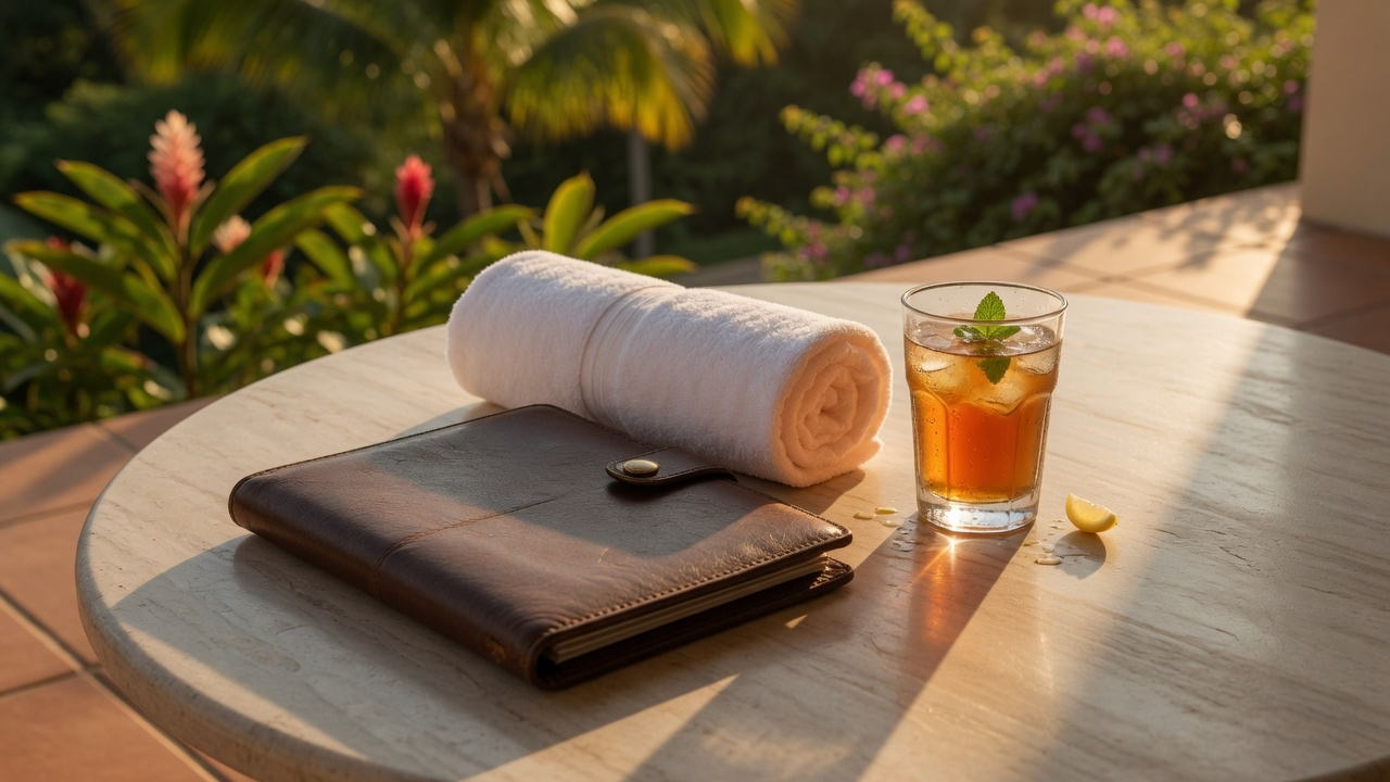 A brown leather bill folder, a rolled white towel and a glass of iced tea with mint on a stone resort table at golden hour, tropical planting behind