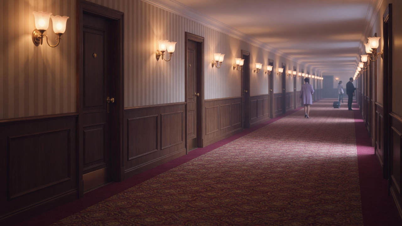 A long carpeted hotel corridor receding into soft focus, panelled doors evenly spaced down one side and warm wall sconces glowing above the deep patterned carpet