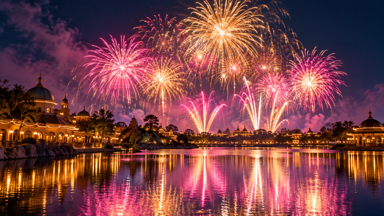 Gold and pink fireworks bursting over a lake at a theme park at night, their reflections spread across the water