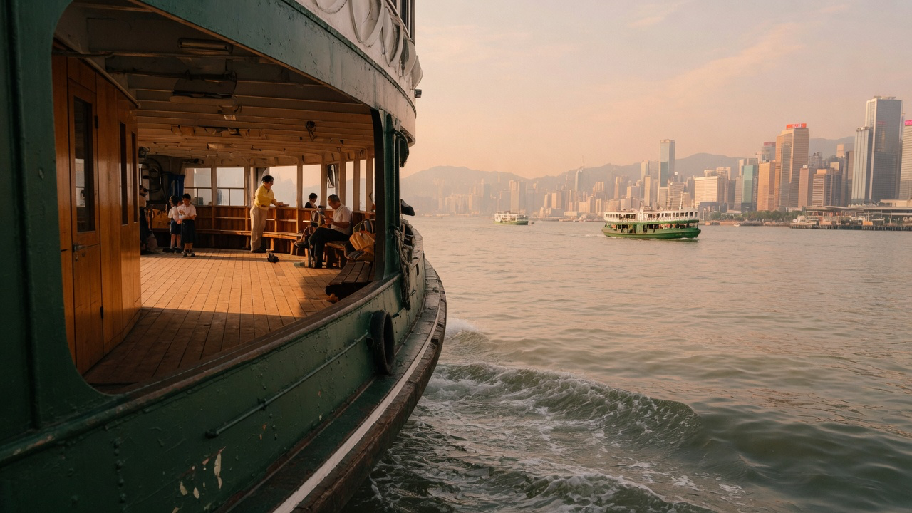 The green wooden deck of a Star Ferry mid-crossing on Victoria Harbour in warm afternoon light, a second ferry and the skyline beyond