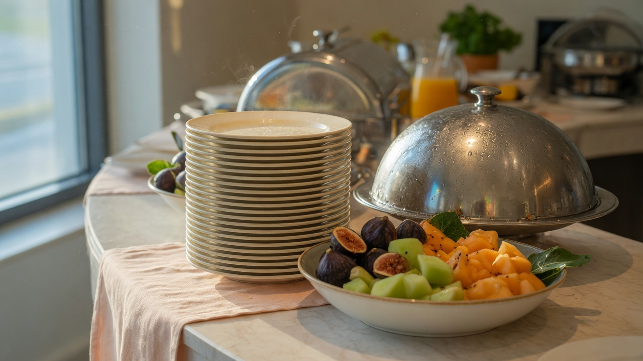 A hotel breakfast buffet counter with a tall stack of warm white plates, a polished silver cloche beaded with condensation and a bowl of figs and cut melon in bright morning light