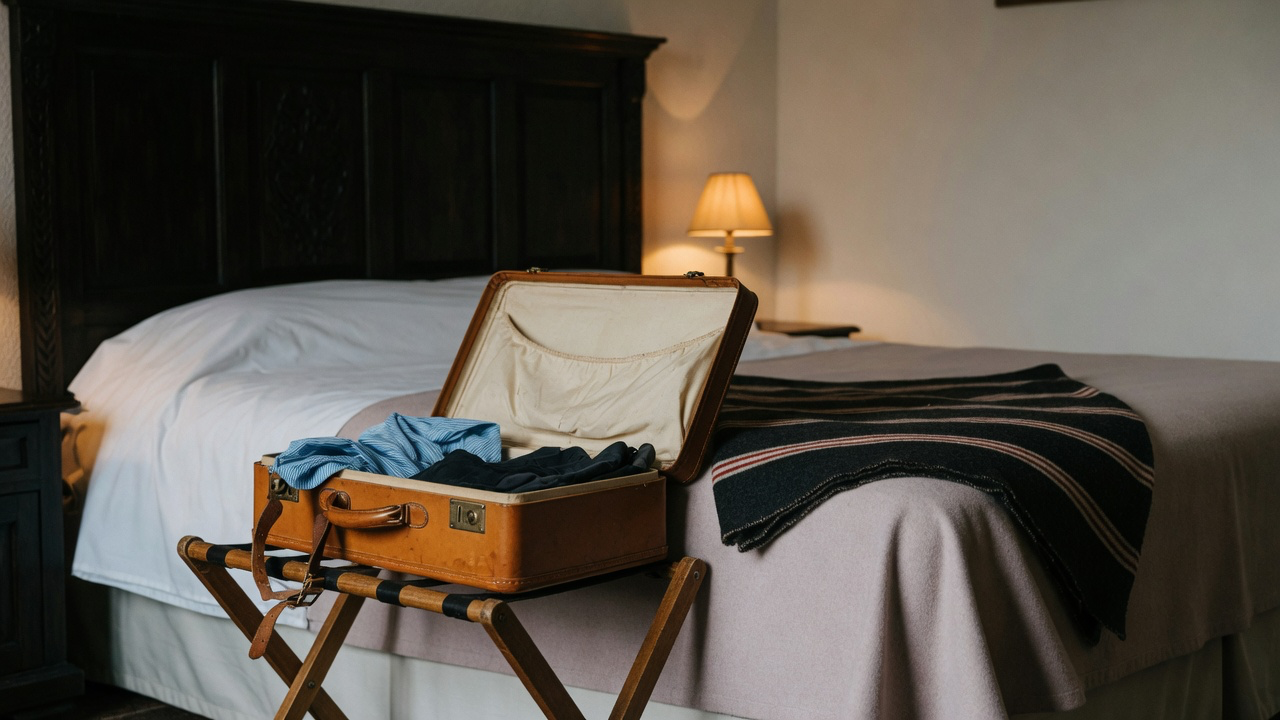 A folding luggage rack at the foot of a made hotel bed holding an open tan leather suitcase, a folded wool blanket across the bed corner in low lamplight