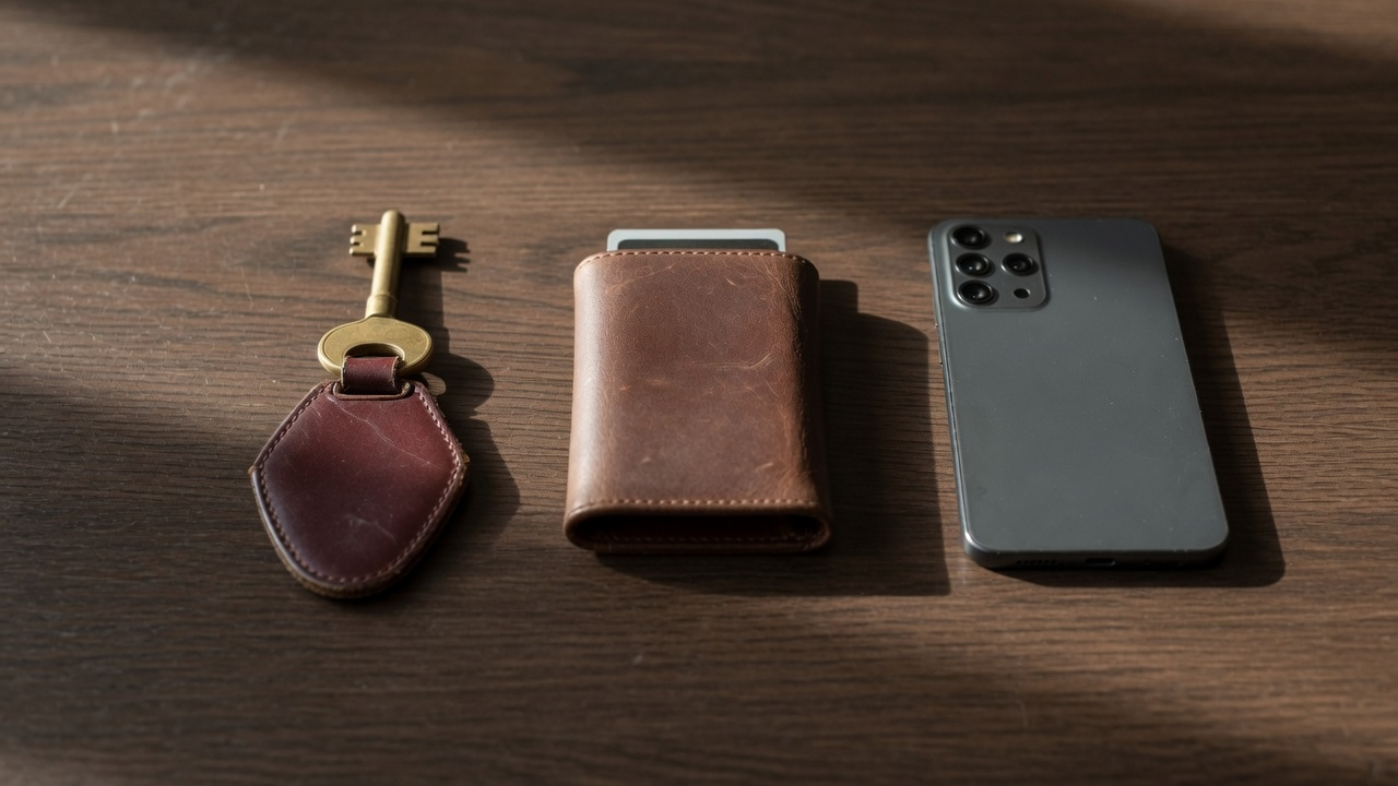 Overhead view of a dark walnut counter with three ways into a hotel room side by side: a brass key on a leather fob, a keycard tucked into a leather folder, and a phone lying face down