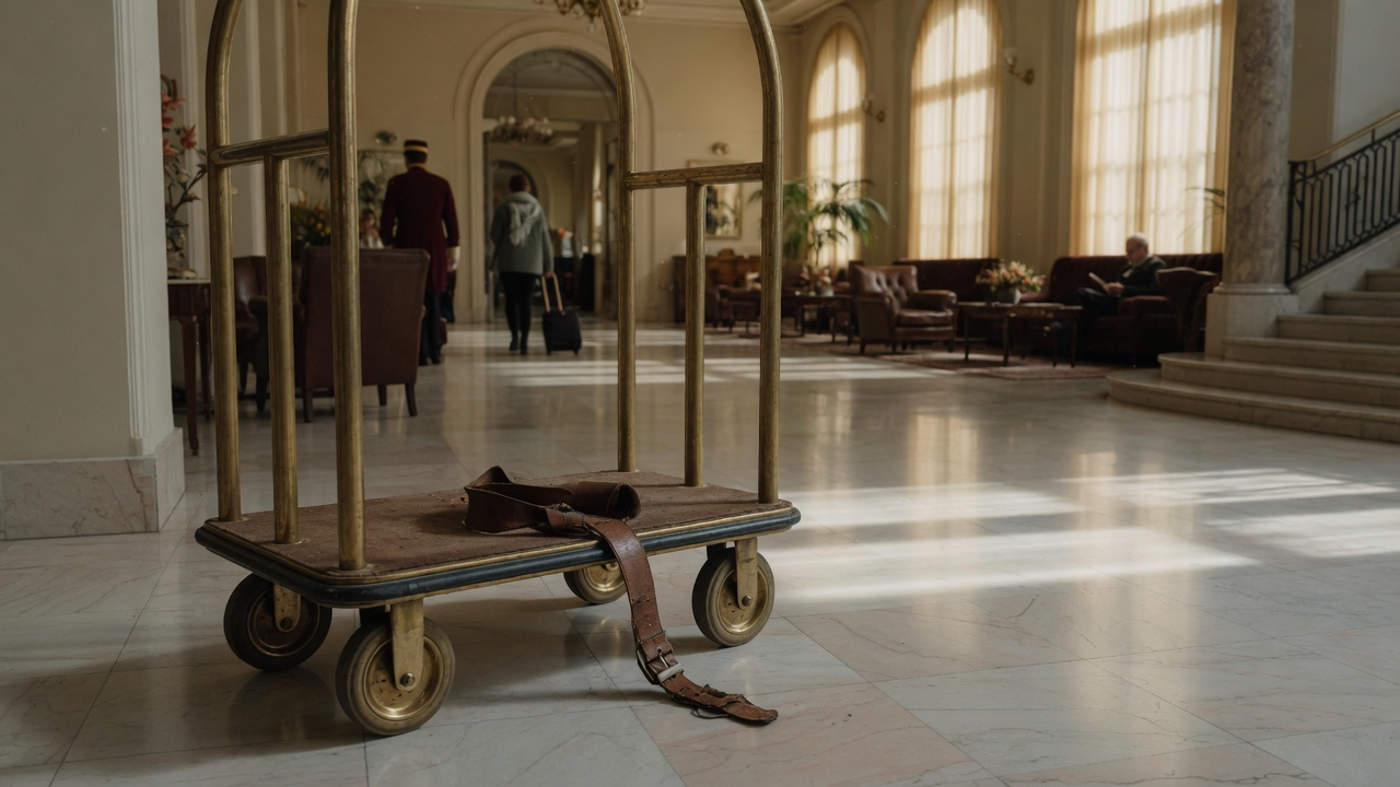 A brass luggage trolley with a worn leather strap standing on the polished marble floor of a grand hotel lobby, guests and a porter beyond