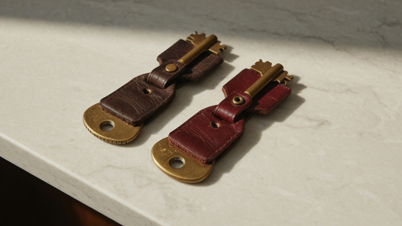 Two brass hotel room keys on leather fobs, one dark brown and one oxblood, lying side by side at matching angles on a pale marble counter