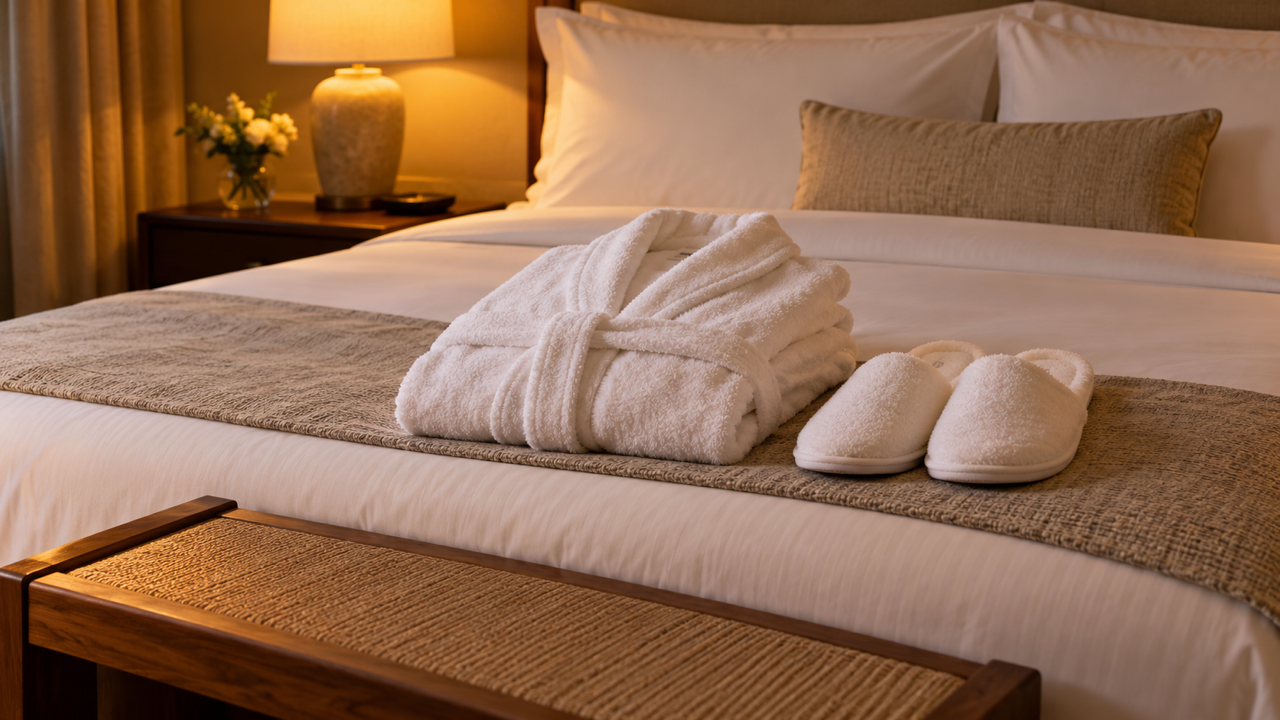 A folded white bathrobe and a pair of plush white slippers laid on a made hotel bed under warm lamplight, with a woven bench in the foreground