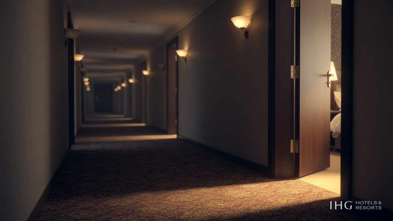 A hotel corridor at night lit by wall sconces, one guest-room door ajar spilling warm light across patterned carpet, with the IHG Hotels and Resorts wordmark in the corner