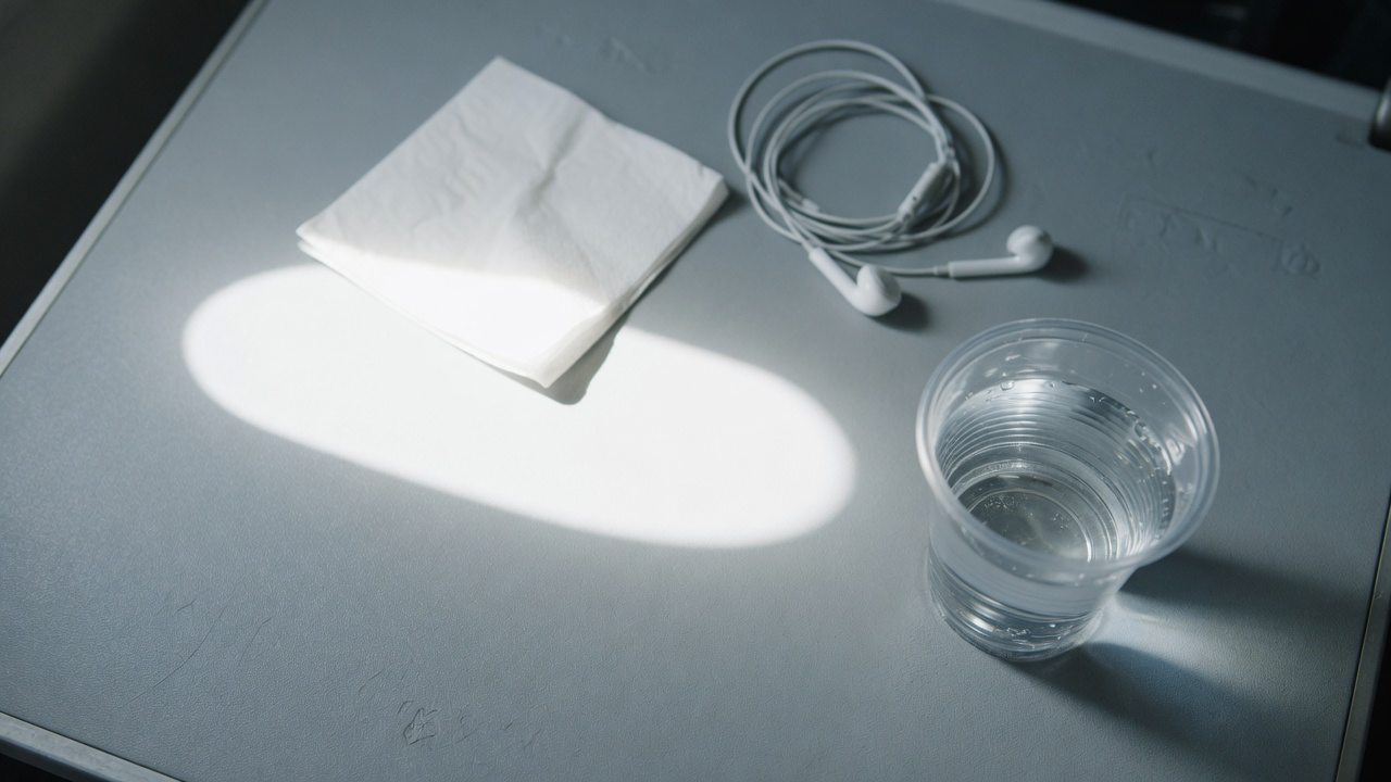 Coiled white earphones, a folded paper napkin and a plastic cup of water on a grey aircraft tray table, with an oval of hard window light falling across it